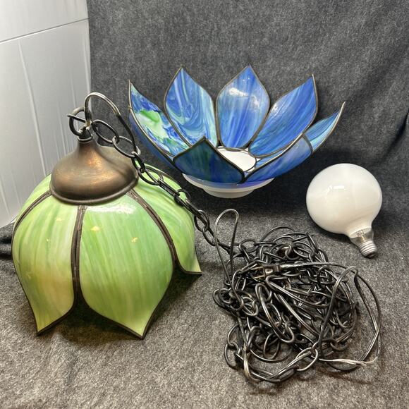 Vintage 1970s Stained Glass Chandelier Two Tier Slag Glass Hanging Lotus Flower - Picture 11 of 16